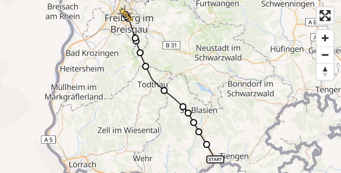 Routekaart van de vlucht: Rettungshubschrauber nach Freiburg im Breisgau Flugplatz
