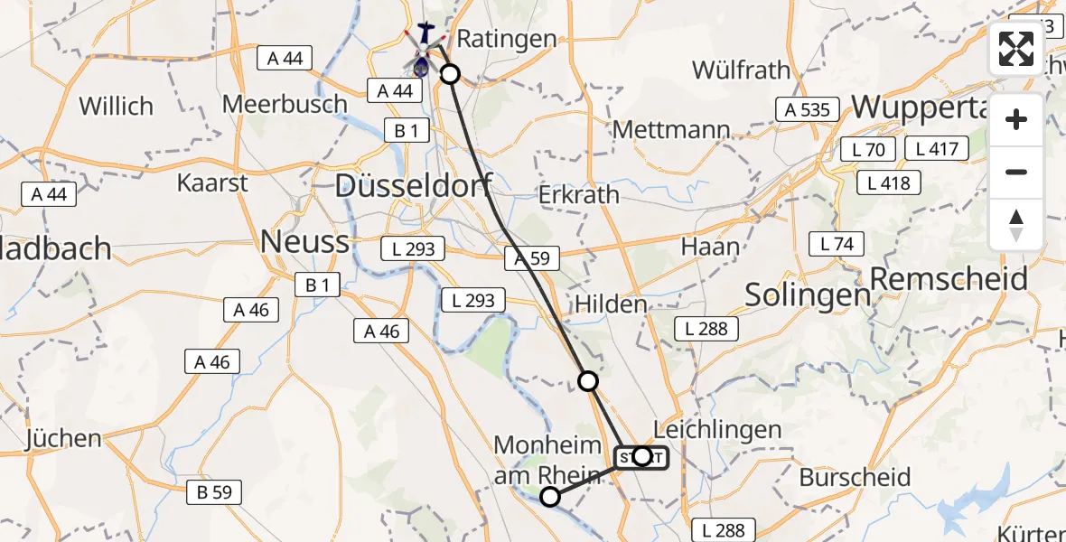 Routekaart van de vlucht: Polizeihubschrauber nach Düsseldorf Flughafen