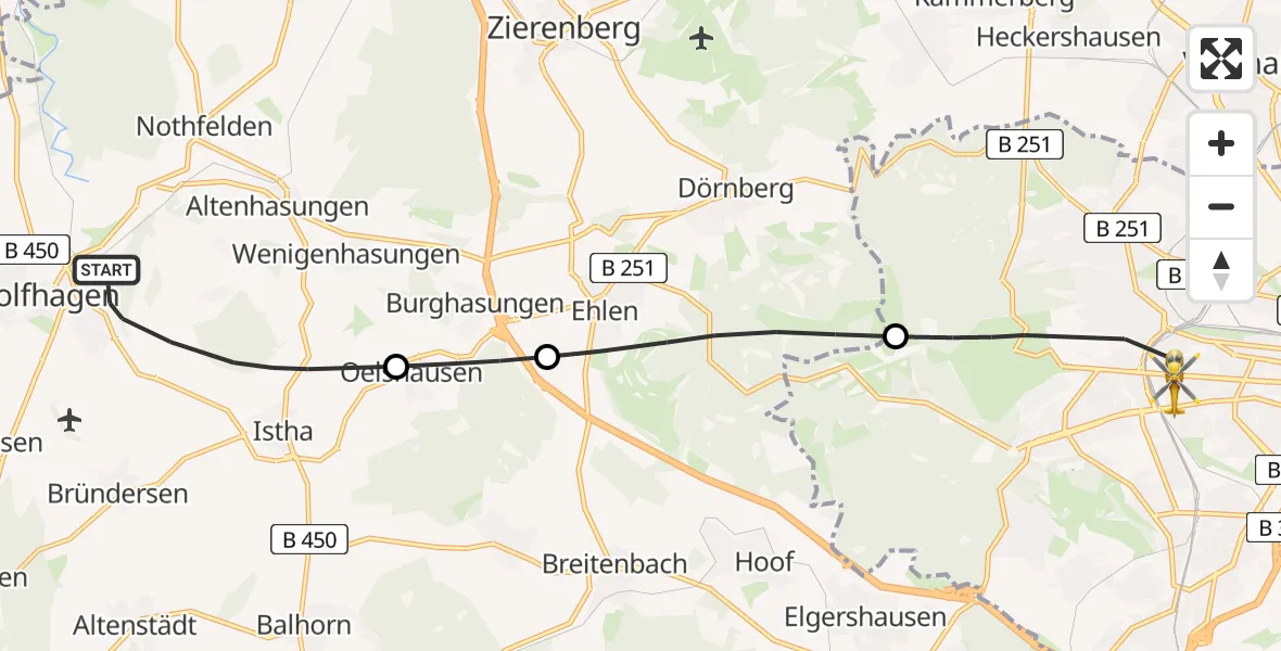 Routekaart van de vlucht: Rettungshubschrauber nach Kassel, Hansteinstraße