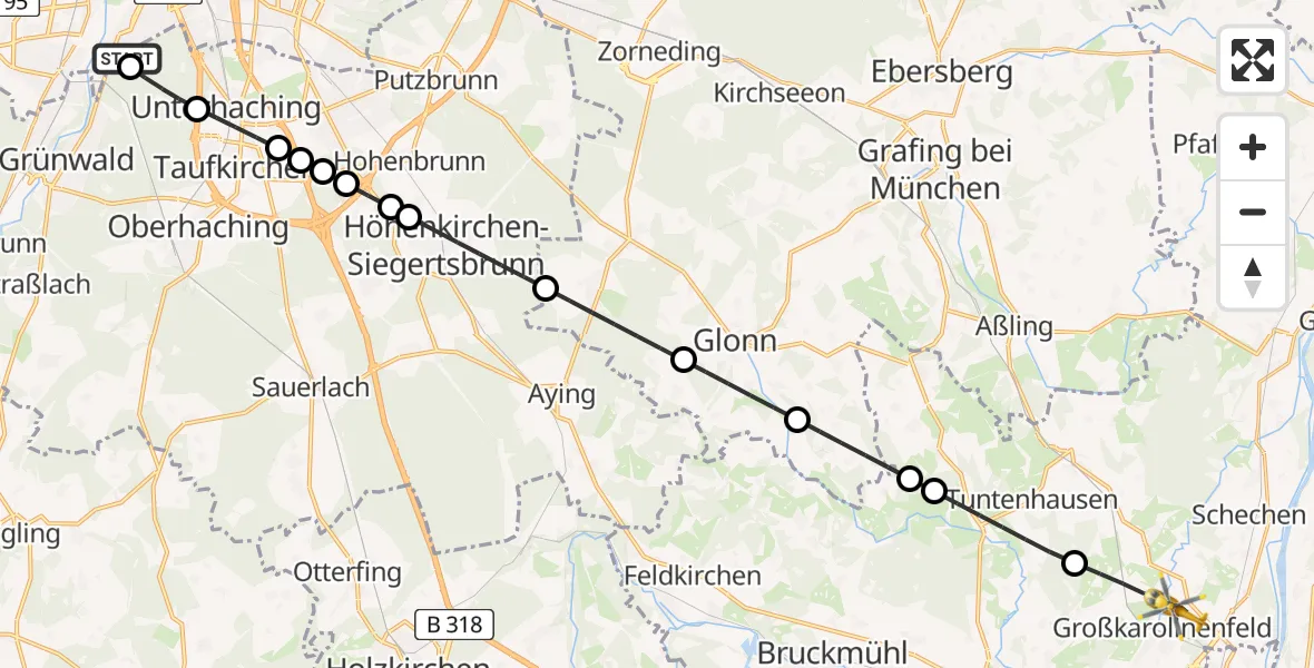 Flugroute Rettungshubschrauber ADAC Air Rescue Center Hubschrauberlandeplatz (Christoph 1) - Großkarolinenfeld, 03 April 2026, 15:27