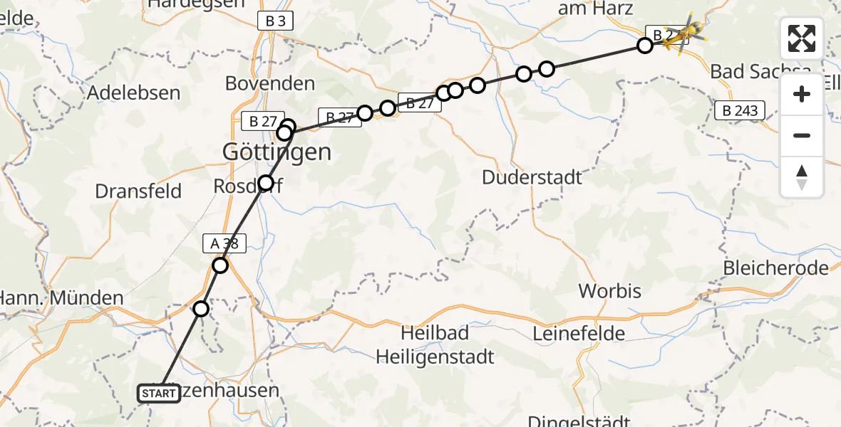 Routekaart van de vlucht: Rettungshubschrauber nach Bad Lauterberg im Harz, Weißdornweg
