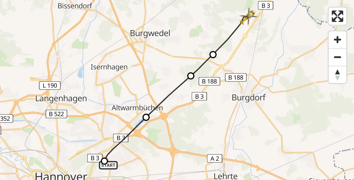 Flugroute Rettungshubschrauber Hannover Luftrettung Hubschrauberlandeplatz (Christoph 4) - Burgdorf, 03 April 2026, 15:30