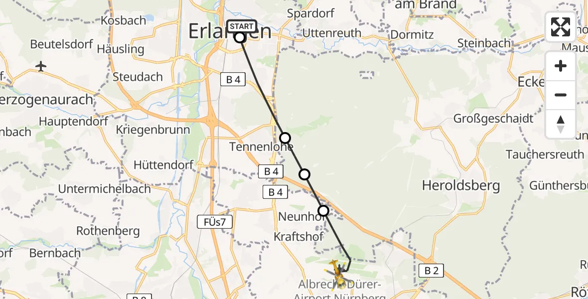 Routekaart van de vlucht: Ambulanzhubschrauber nach Flughafen Nuremberg