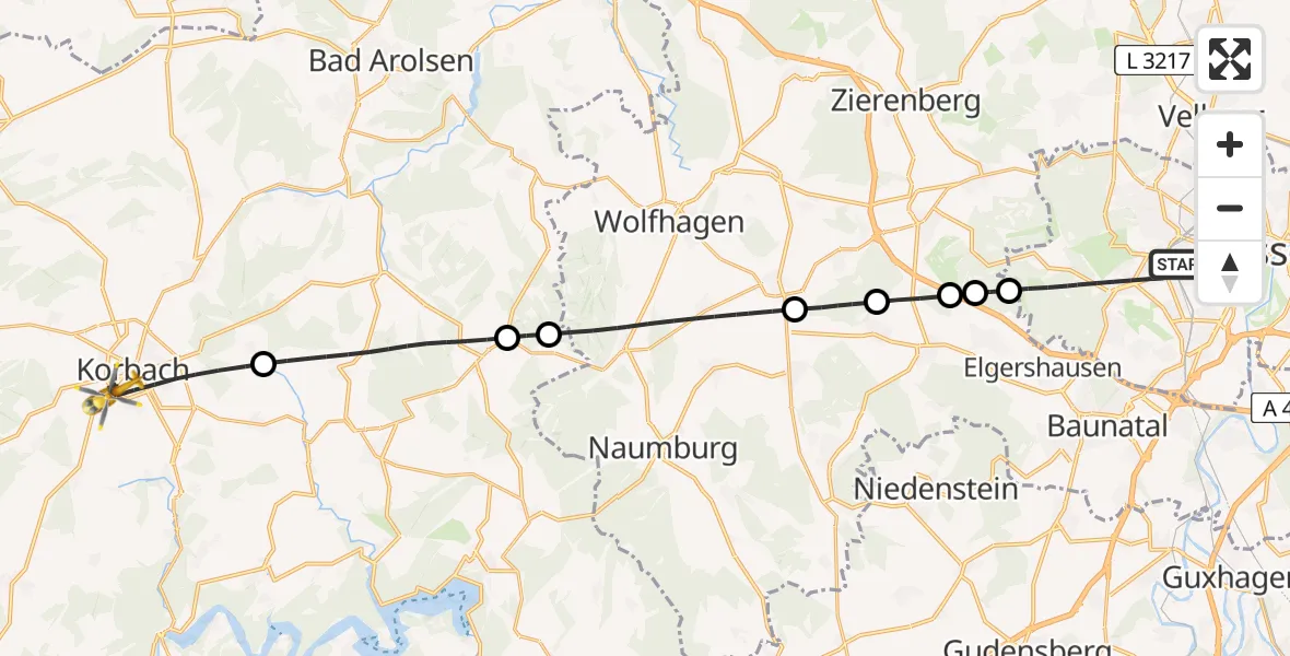 Flugroute Rettungshubschrauber Kassel - Korbach, 03 April 2026, 15:47