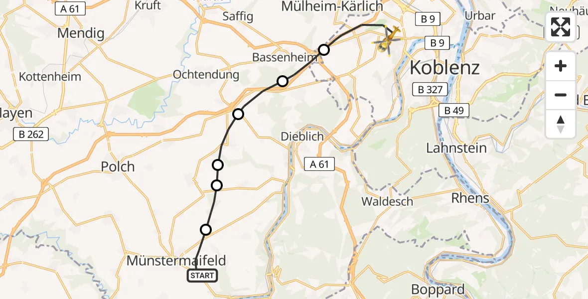 Routekaart van de vlucht: Rettungshubschrauber nach Koblenz, Rübenacher Straße