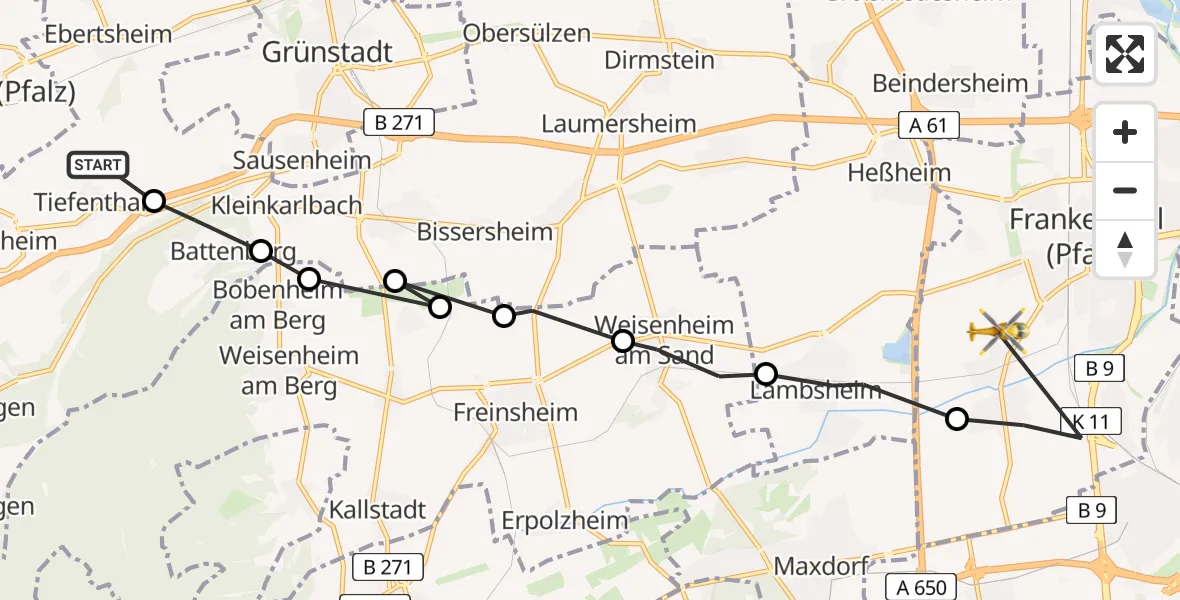 Routekaart van de vlucht: Rettungshubschrauber nach Frankenthal (Pfalz), Siebenbauernweg