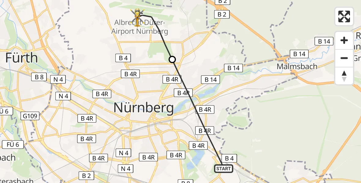 Routekaart van de vlucht: Rettungshubschrauber nach Flughafen Nuremberg