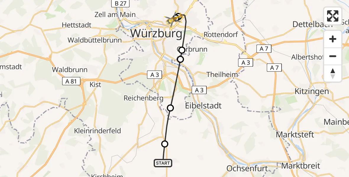 Routekaart van de vlucht: Rettungshubschrauber nach Würzburg University Hospital Rooftop