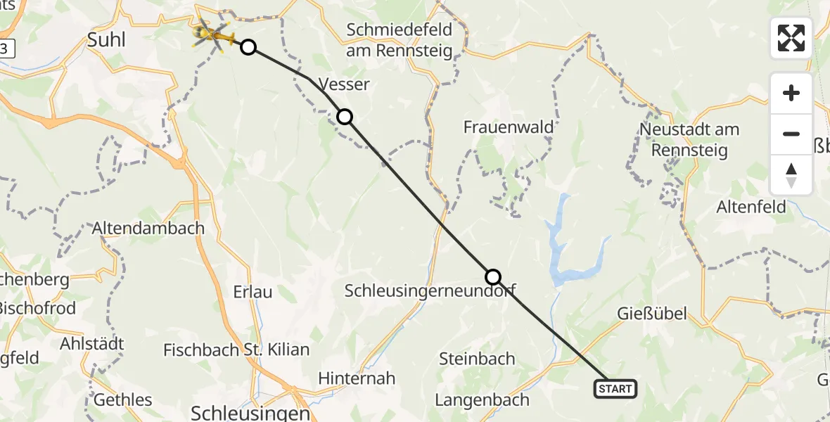 Routekaart van de vlucht: Rettungshubschrauber nach Suhl, Schlangenweg
