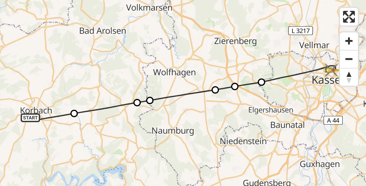 Routekaart van de vlucht: Rettungshubschrauber nach Kassel, Mönchebergstraße
