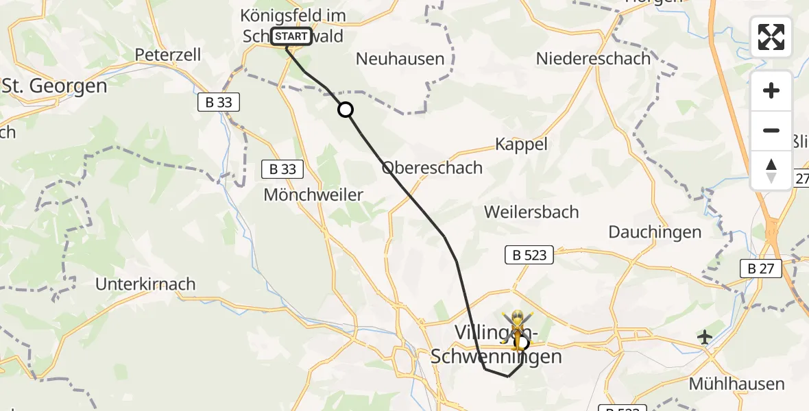 Routekaart van de vlucht: Rettungshubschrauber nach DRF Air Rescue Station Villingen-Schwenningen Hubschrauberlandeplatz (Christoph 11)