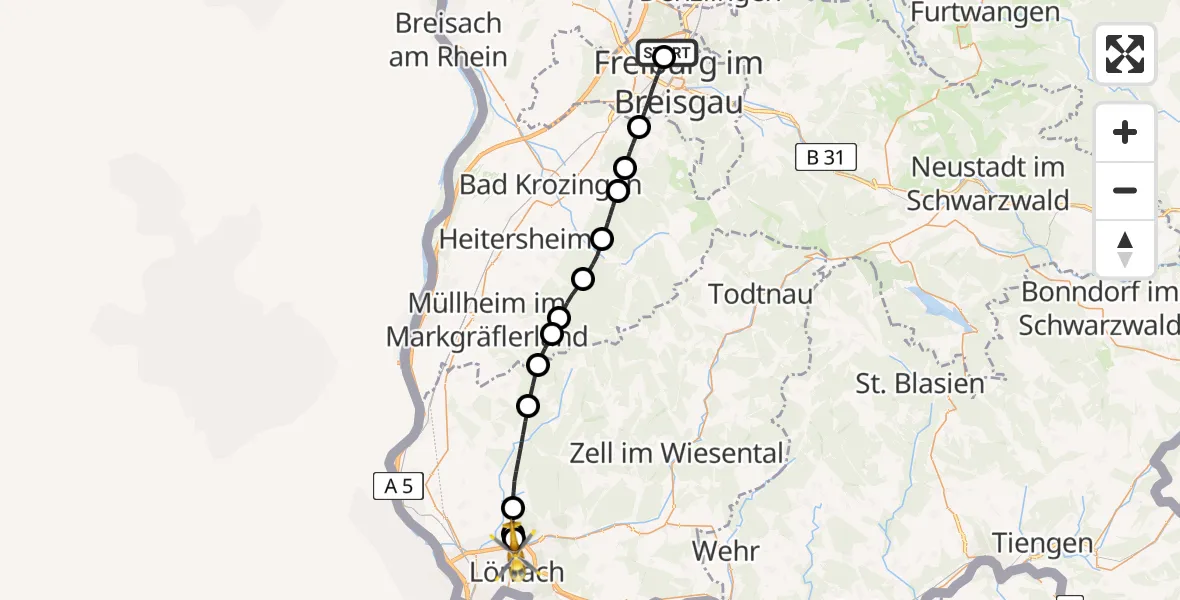 Flugroute Rettungshubschrauber Freiburg im Breisgau Flugplatz - Lörrach, 03 April 2026, 16:30