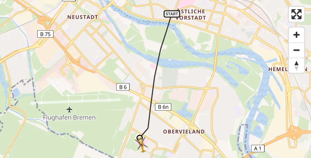 Routekaart van de vlucht: Rettungshubschrauber nach ADAC Air Rescue Station Bremen Hubschrauberlandeplatz (Christoph 6)