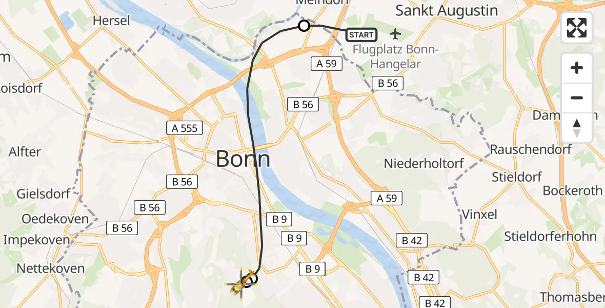 Flugroute Rettungshubschrauber Sankt Augustin - Bonn University Hospital, 03 April 2026, 16:35