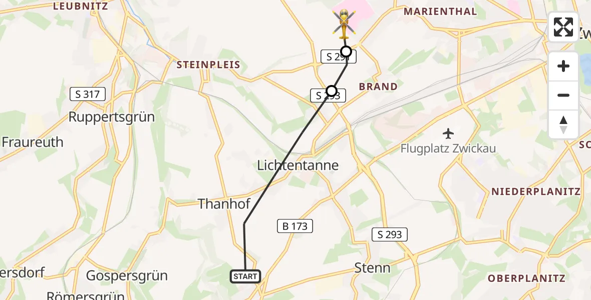 Routekaart van de vlucht: Rettungshubschrauber nach ADAC Air Rescue Station Zwickau Hubschrauberlandeplatz