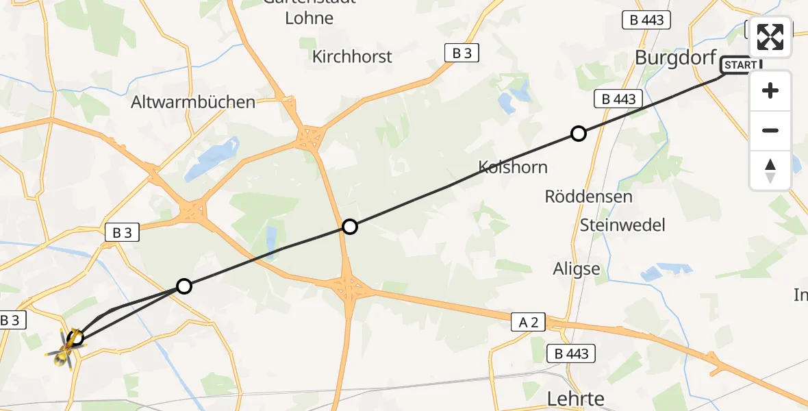 Routekaart van de vlucht: Rettungshubschrauber nach Hannover Luftrettung Hubschrauberlandeplatz (Christoph 4)