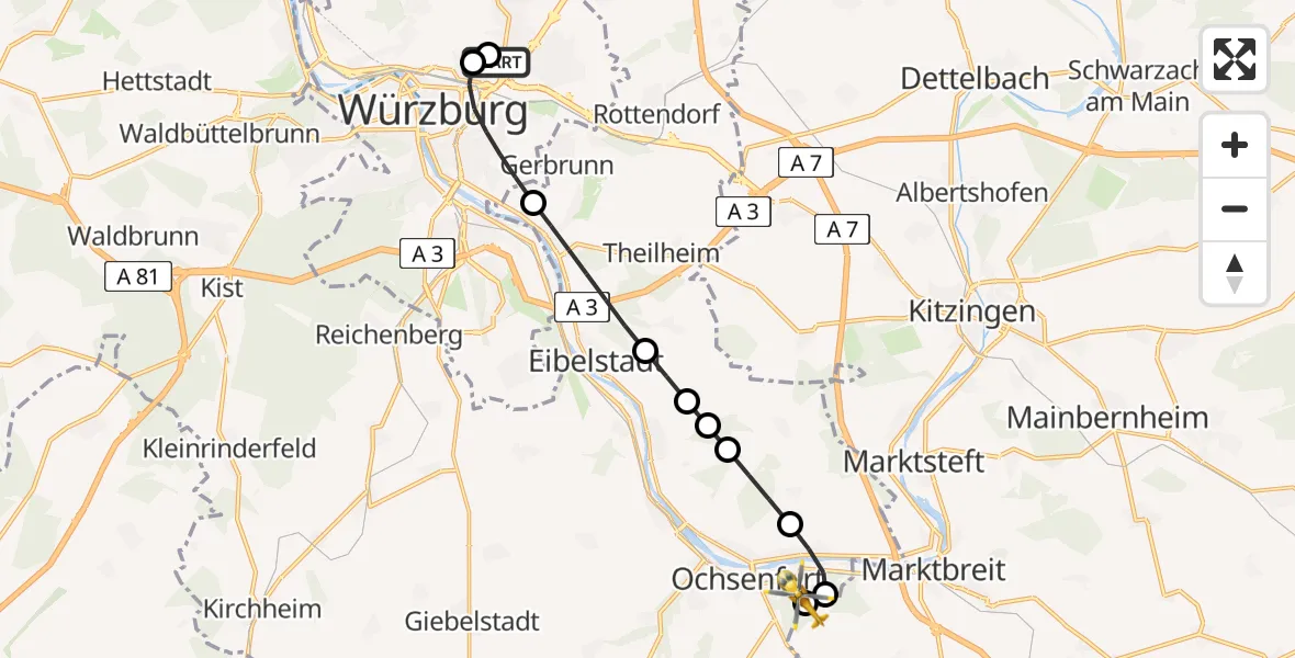 Routekaart van de vlucht: Rettungshubschrauber nach Ochsenfurt Hospital