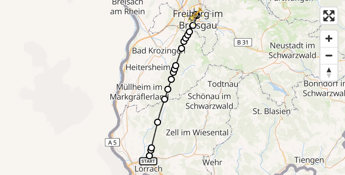 Routekaart van de vlucht: Rettungshubschrauber nach Freiburg University Hospital Heliport 1