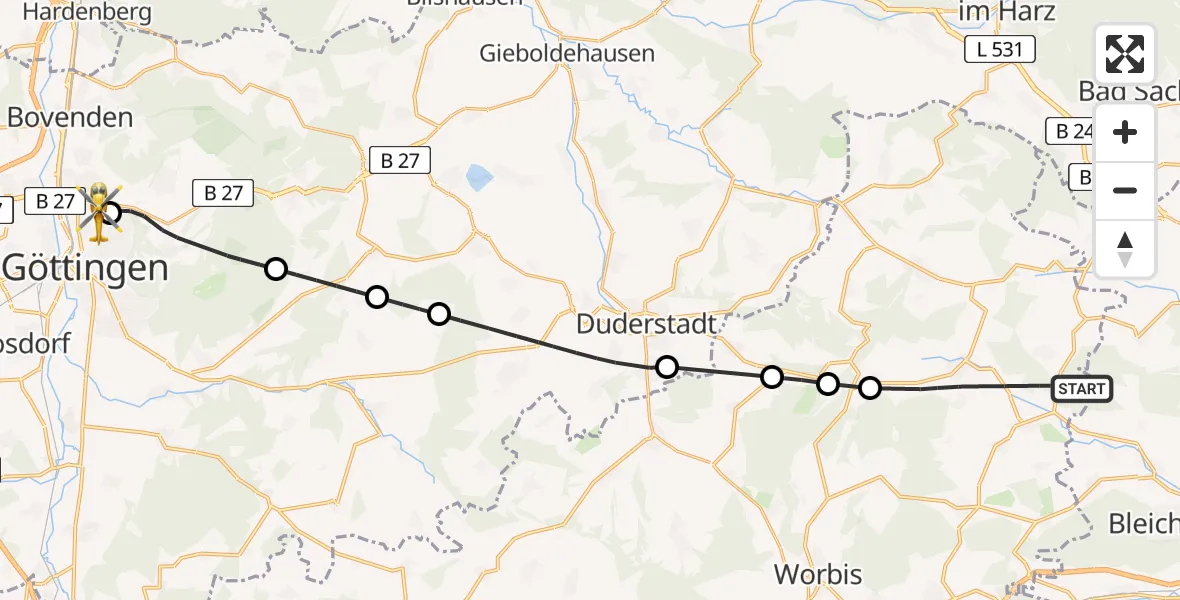 Routekaart van de vlucht: Rettungshubschrauber nach Göttingen University Clinic Hubschrauberlandeplatz