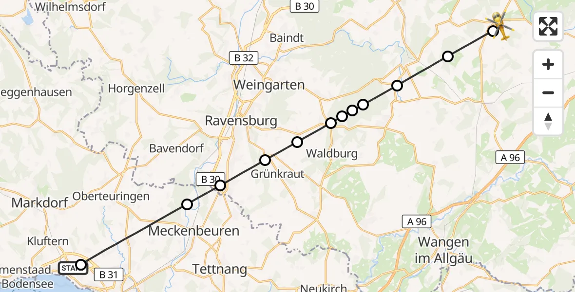 Flugroute Rettungshubschrauber Friedrichshafen Hospital - Bad Wurzach, 03 April 2026, 17:29