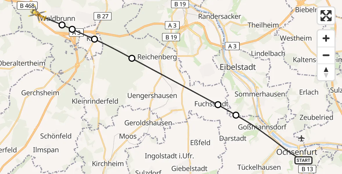 Routekaart van de vlucht: Rettungshubschrauber nach Waldbrunn, A 3