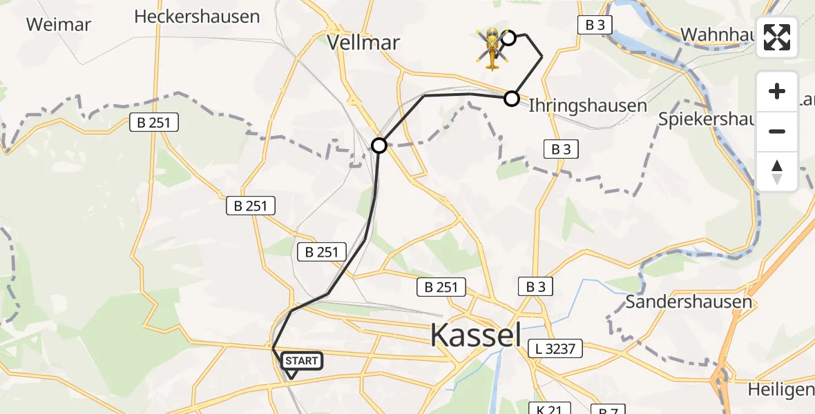 Routekaart van de vlucht: Rettungshubschrauber nach Fuldatal Bundespolizei Hubschrauberlandeplatz
