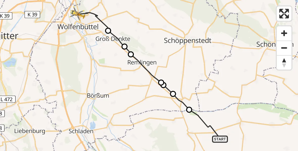 Routekaart van de vlucht: Rettungshubschrauber nach Wolfenbüttel Municipal Hospital Heliport (Christoph 30)