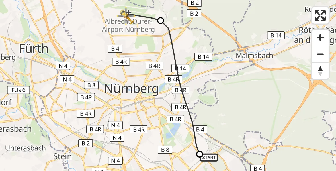 Routekaart van de vlucht: Ambulanzhubschrauber nach Flughafen Nuremberg