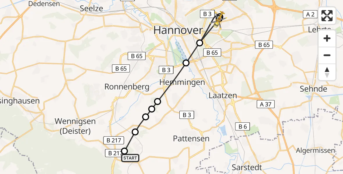 Routekaart van de vlucht: Rettungshubschrauber nach Hannover Luftrettung Hubschrauberlandeplatz (Christoph 4)
