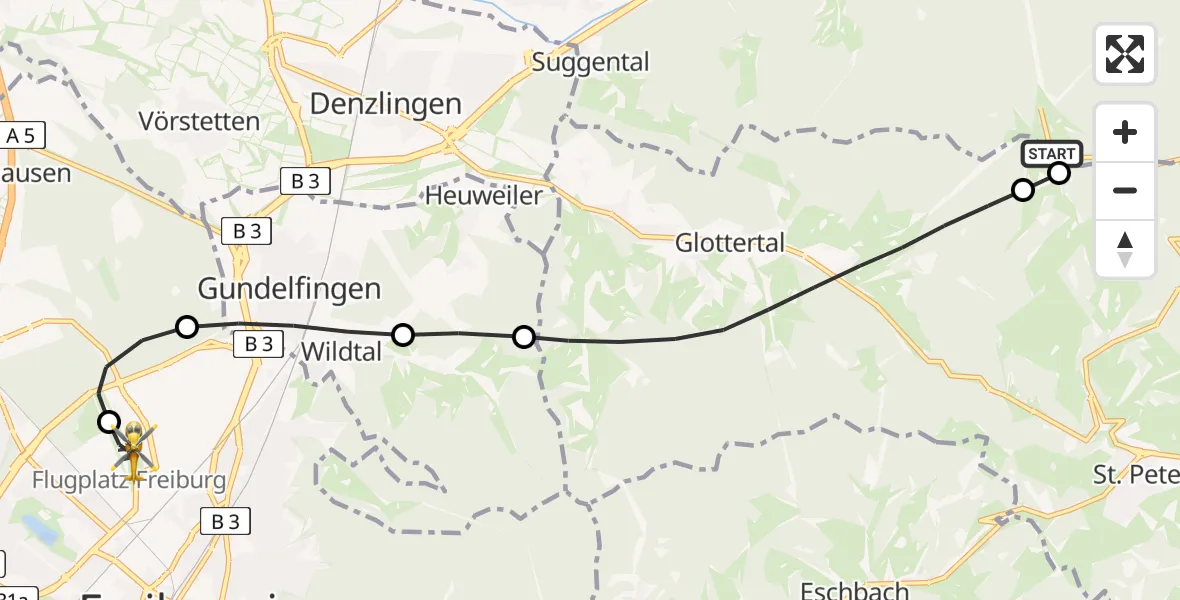 Routekaart van de vlucht: Rettungshubschrauber nach Freiburg im Breisgau Flugplatz