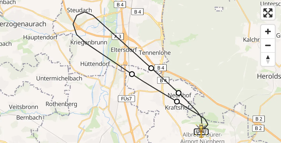 Routekaart van de vlucht: Ambulanzhubschrauber nach Flughafen Nuremberg