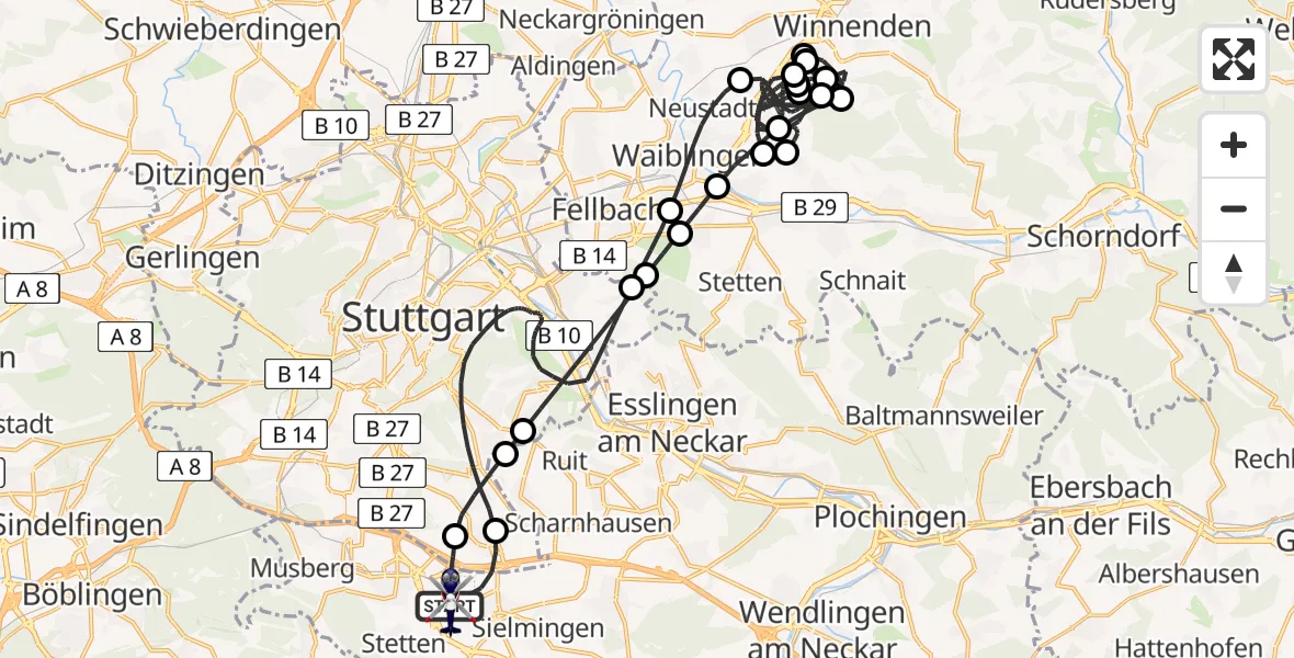 Flugroute Polizeihubschrauber Flughafen Stuttgart - Flughafen Stuttgart, 03 April 2026, 22:55