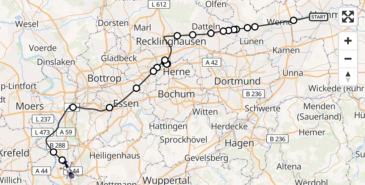 Routekaart van de vlucht: Polizeihubschrauber nach Düsseldorf Flughafen
