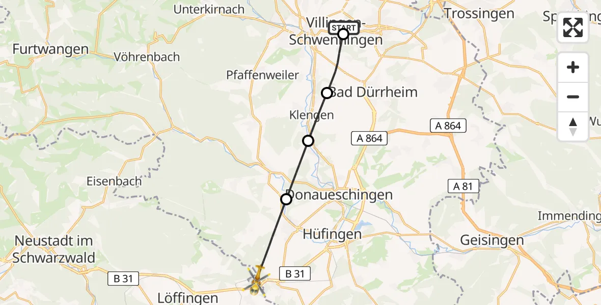 Flugroute Rettungshubschrauber DRF Air Rescue Station Villingen-Schwenningen Hubschrauberlandeplatz (Christoph 11) - Löffingen, 04 April 2026, 05:25