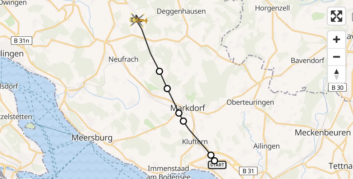 Flugroute Rettungshubschrauber Friedrichshafen Hospital - Salem, 04 April 2026, 05:30