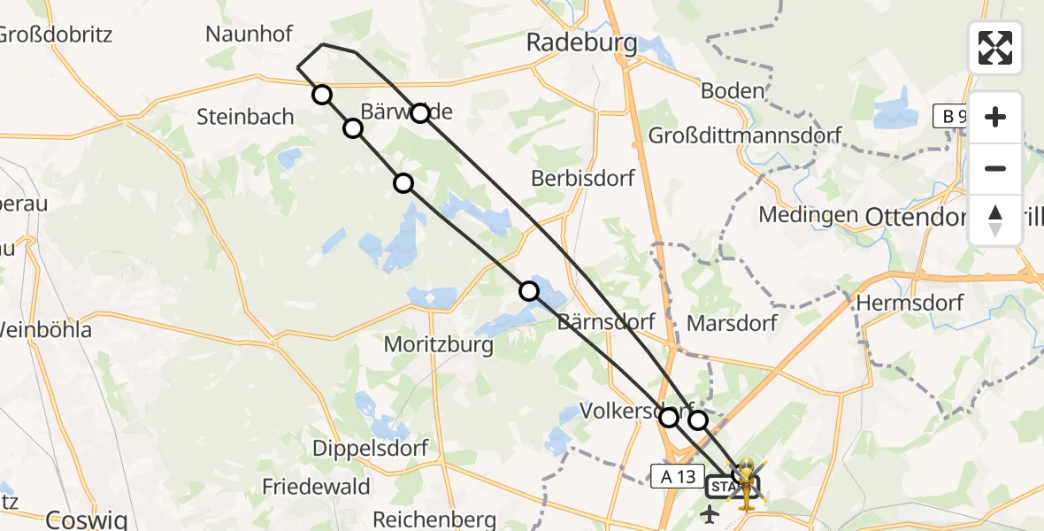 Routekaart van de vlucht: Rettungshubschrauber nach Dresden Bundespolizei Hubschrauberlandeplatz