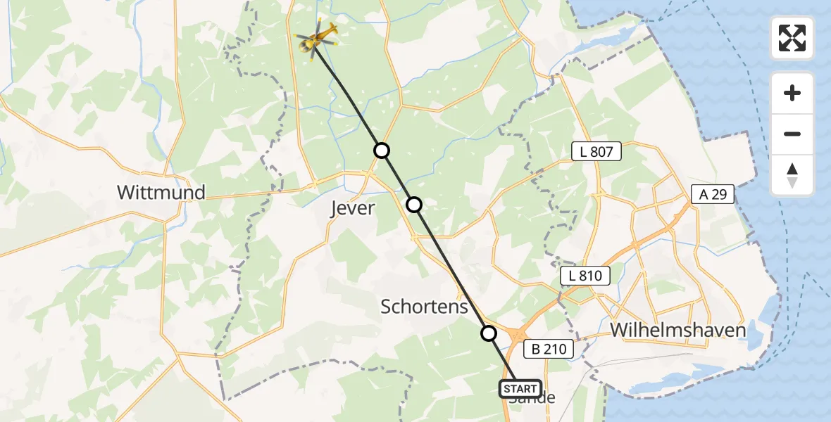 Routekaart van de vlucht: Rettungshubschrauber nach Wangerland, Tettenser Tief
