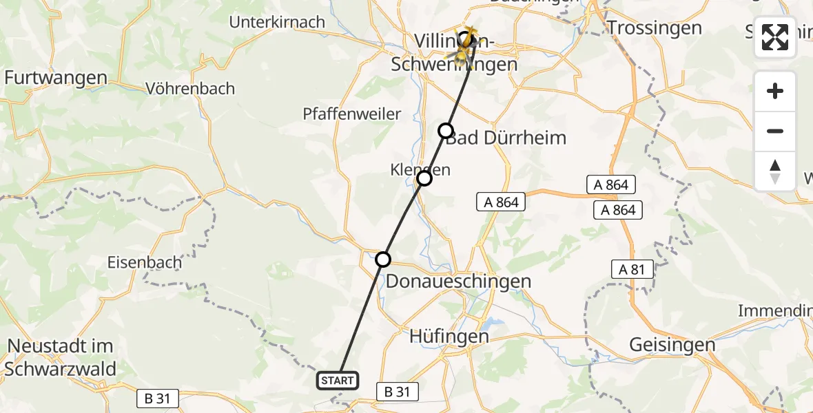 Flugroute Rettungshubschrauber Bräunlingen - DRF Air Rescue Station Villingen-Schwenningen Hubschrauberlandeplatz (Christoph 11), 04 April 2026, 06:03