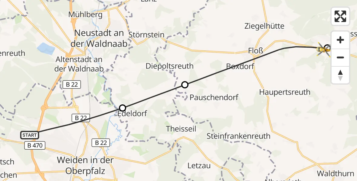 Flugroute Rettungshubschrauber Weiden i.d.OPf. - Flossenbürg, 04 April 2026, 06:25