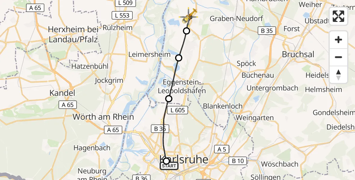 Flugroute Rettungshubschrauber Sankt Vincentius Hospital - Dettenheim, 04 April 2026, 06:32