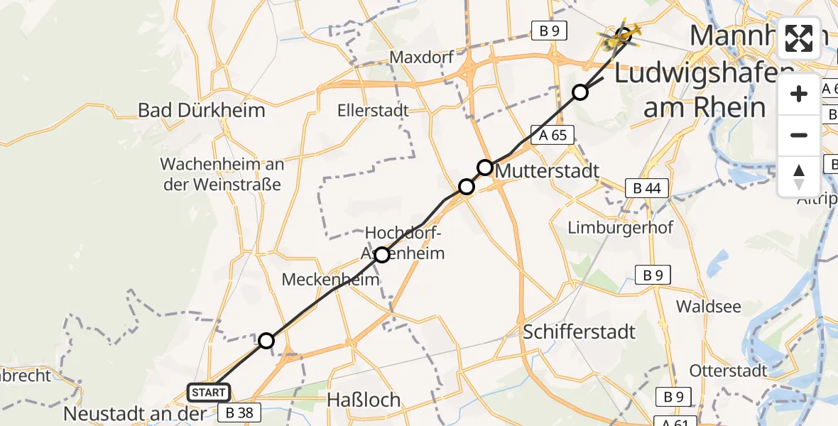 Routekaart van de vlucht: Rettungshubschrauber nach Ludwigshafen Accident Hospital Hubschrauberlandeplatz