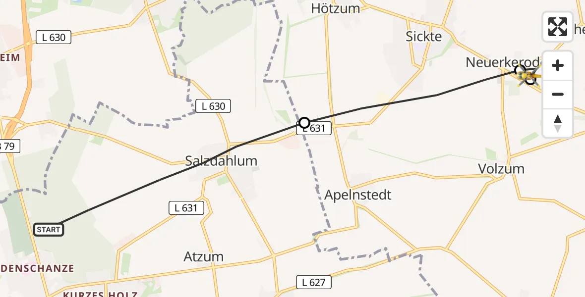 Routekaart van de vlucht: Rettungshubschrauber nach Erkerode, L 625