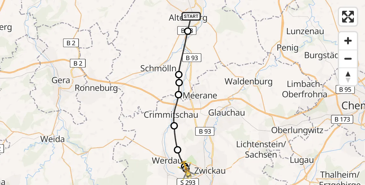 Routekaart van de vlucht: Rettungshubschrauber nach ADAC Air Rescue Station Zwickau Hubschrauberlandeplatz
