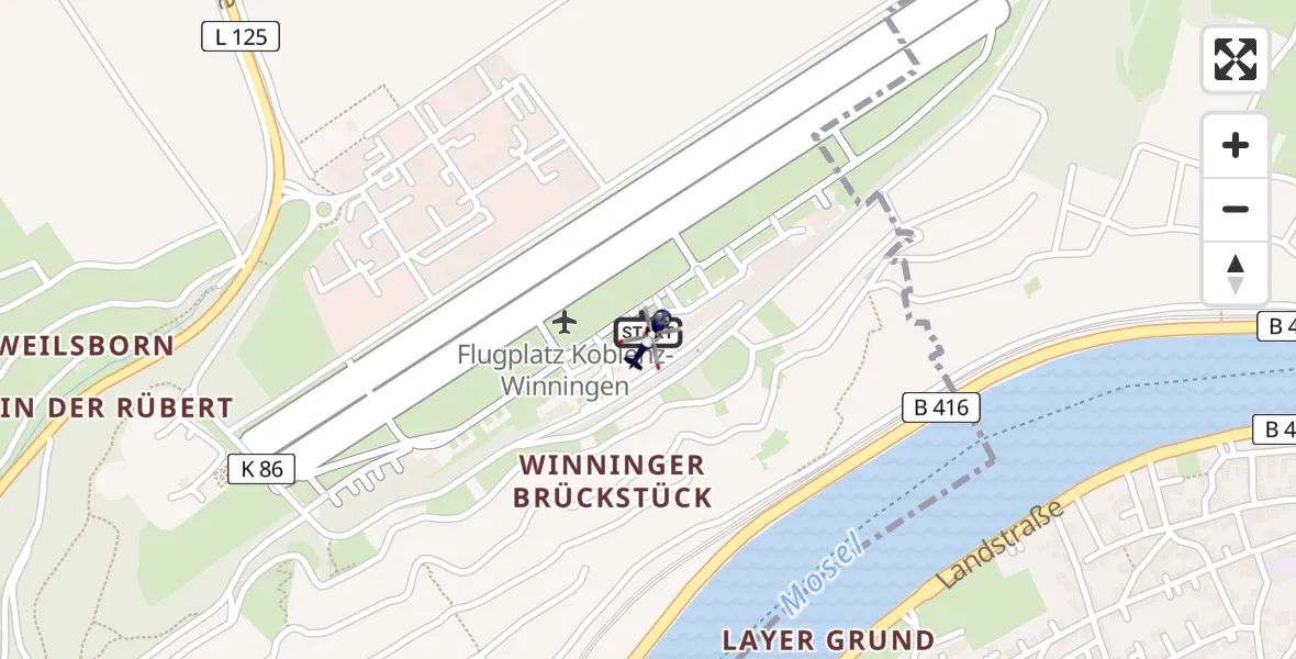 Routekaart van de vlucht: Polizeihubschrauber nach Koblenz-Winningen Flugplatz
