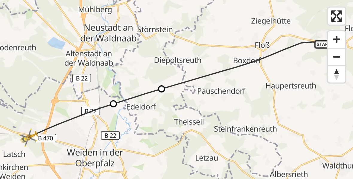 Routekaart van de vlucht: Rettungshubschrauber nach Weiden i.d.OPf., In der Weiding