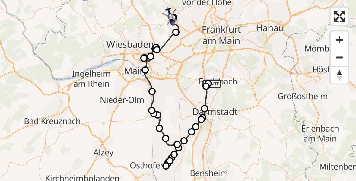 Routekaart van de vlucht: Polizeihubschrauber unterwegs von Flughafen Frankfurt-Egelsbach