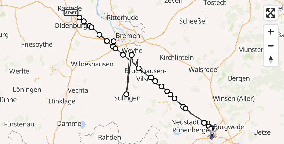 Routekaart van de vlucht: Polizeihubschrauber unterwegs von Rastede