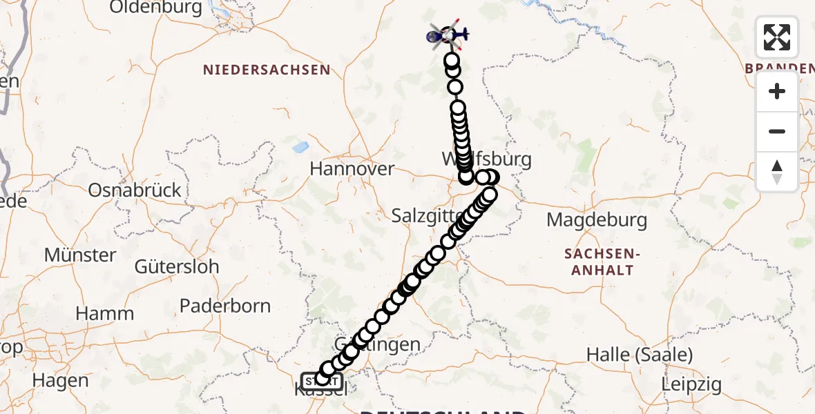 Routekaart van de vlucht: Polizeihubschrauber unterwegs von Fuldatal Bundespolizei Hubschrauberlandeplatz