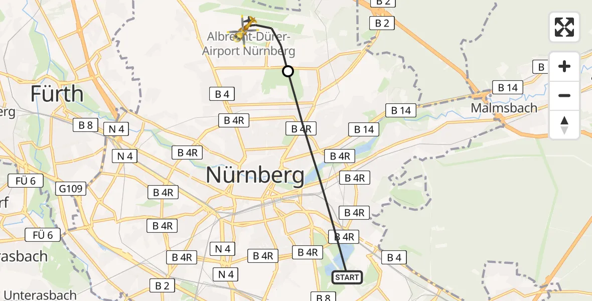 Routekaart van de vlucht: Rettungshubschrauber nach Flughafen Nuremberg