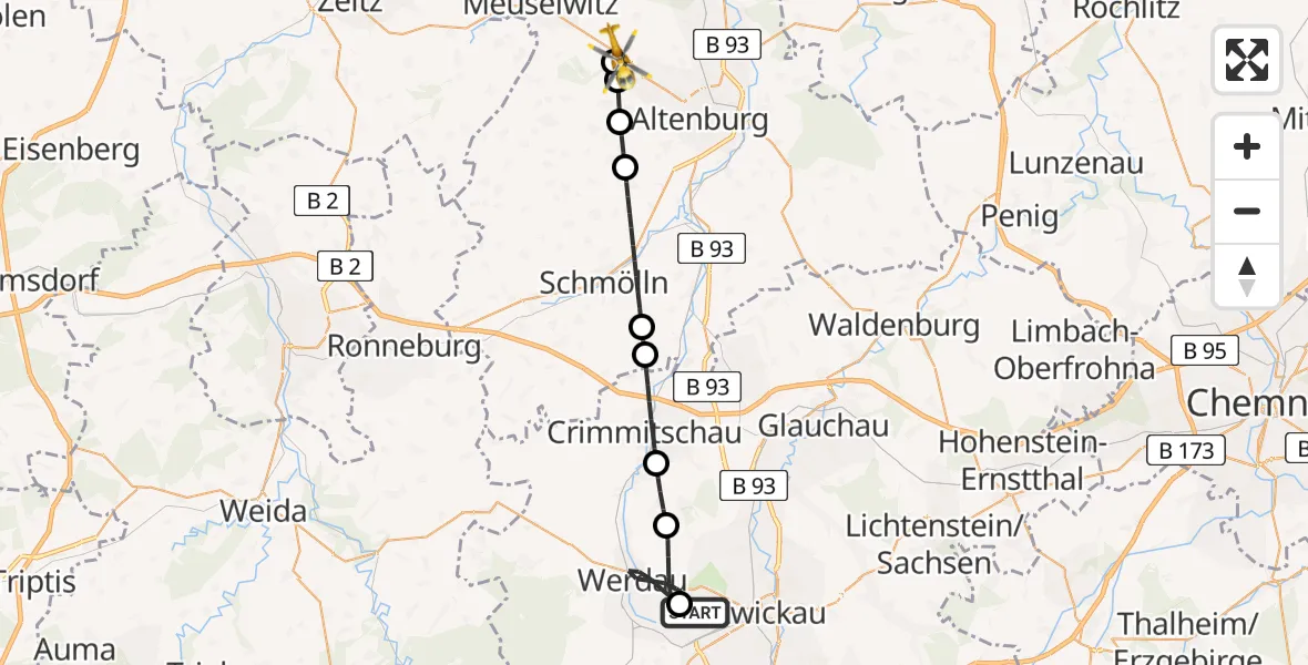 Flugroute Rettungshubschrauber ADAC Air Rescue Station Zwickau Hubschrauberlandeplatz - Rositz, 04 April 2026, 08:22